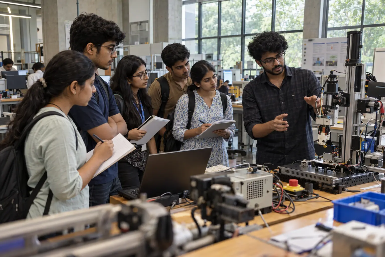 Undergraduate students learning from a researcher during a visit to a university engineering laboratory