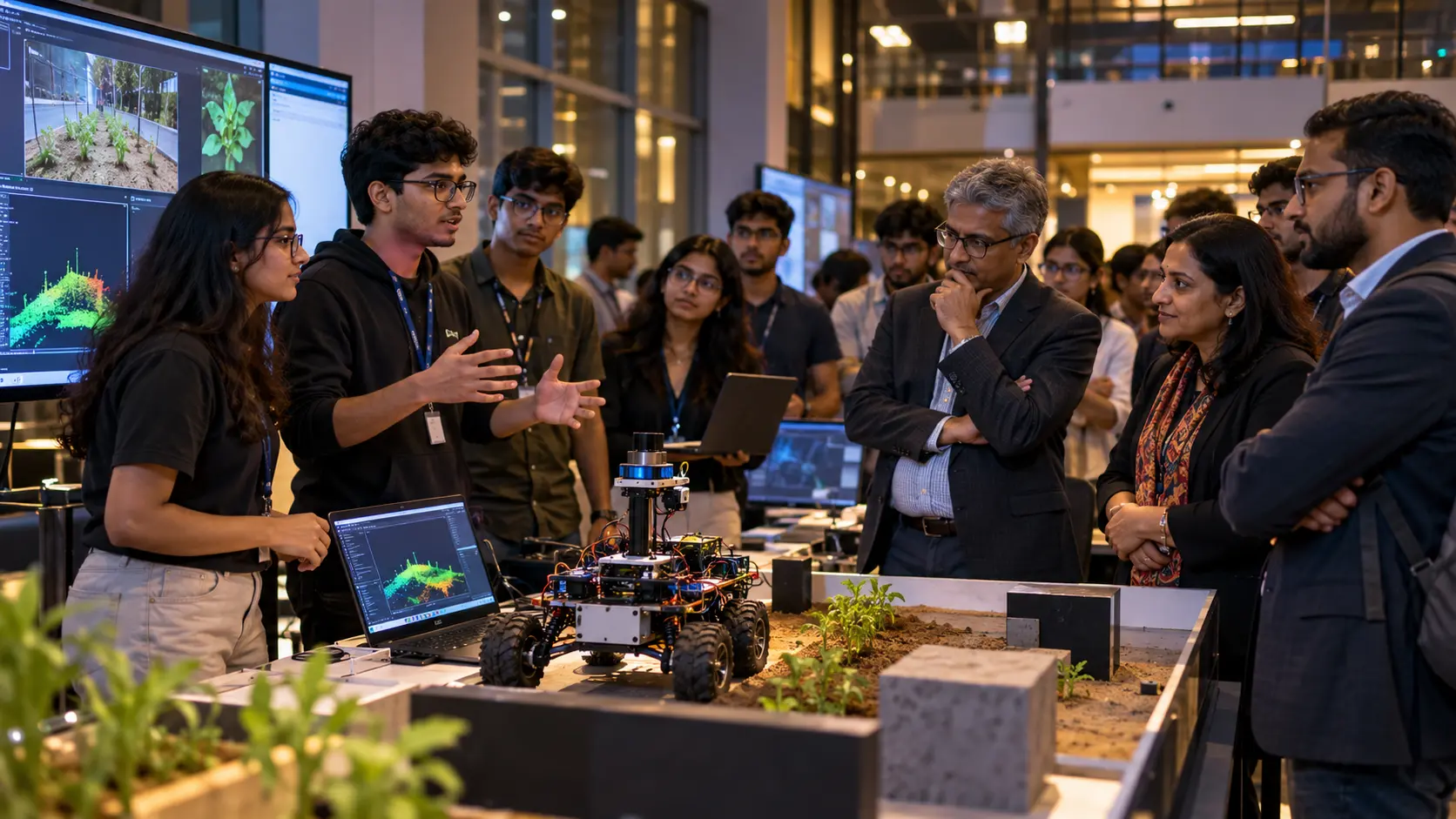 Indian undergraduate students demonstrating a prototype to faculty and industry practitioners