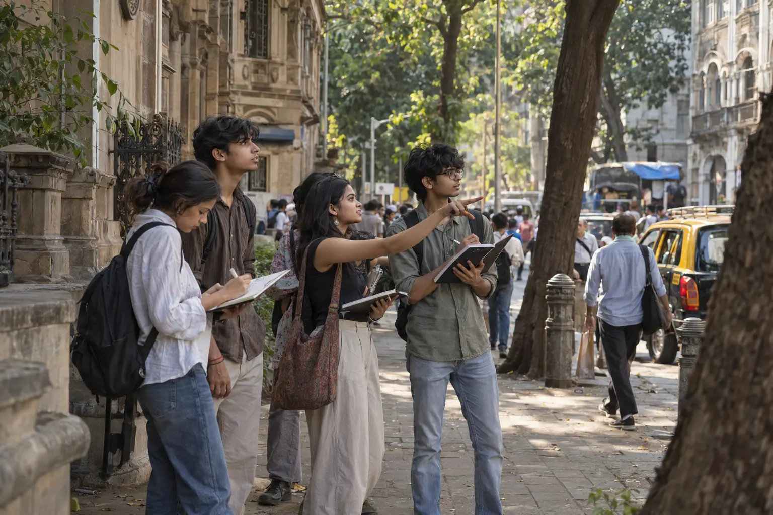 Undergraduate students observing public life during a guided learning walk in Mumbai