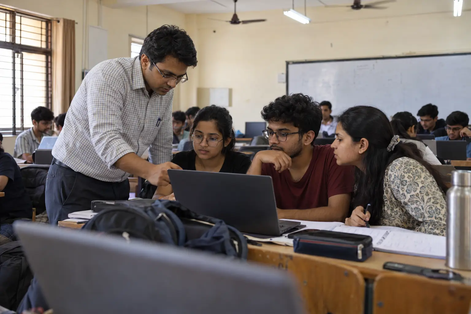 A faculty member helping a small student group during a laptop-based class