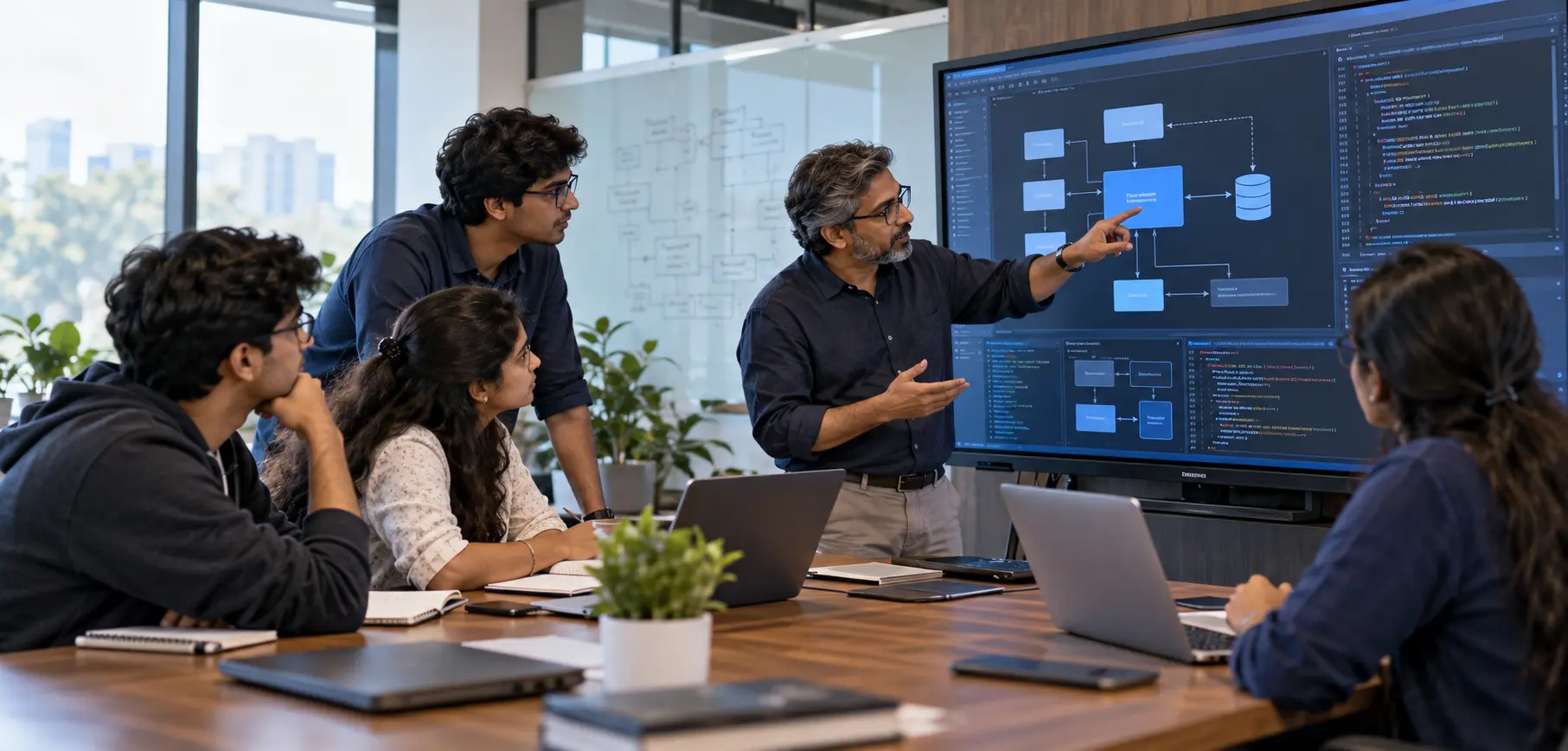 An experienced engineer reviewing a system design with Indian undergraduate project leads