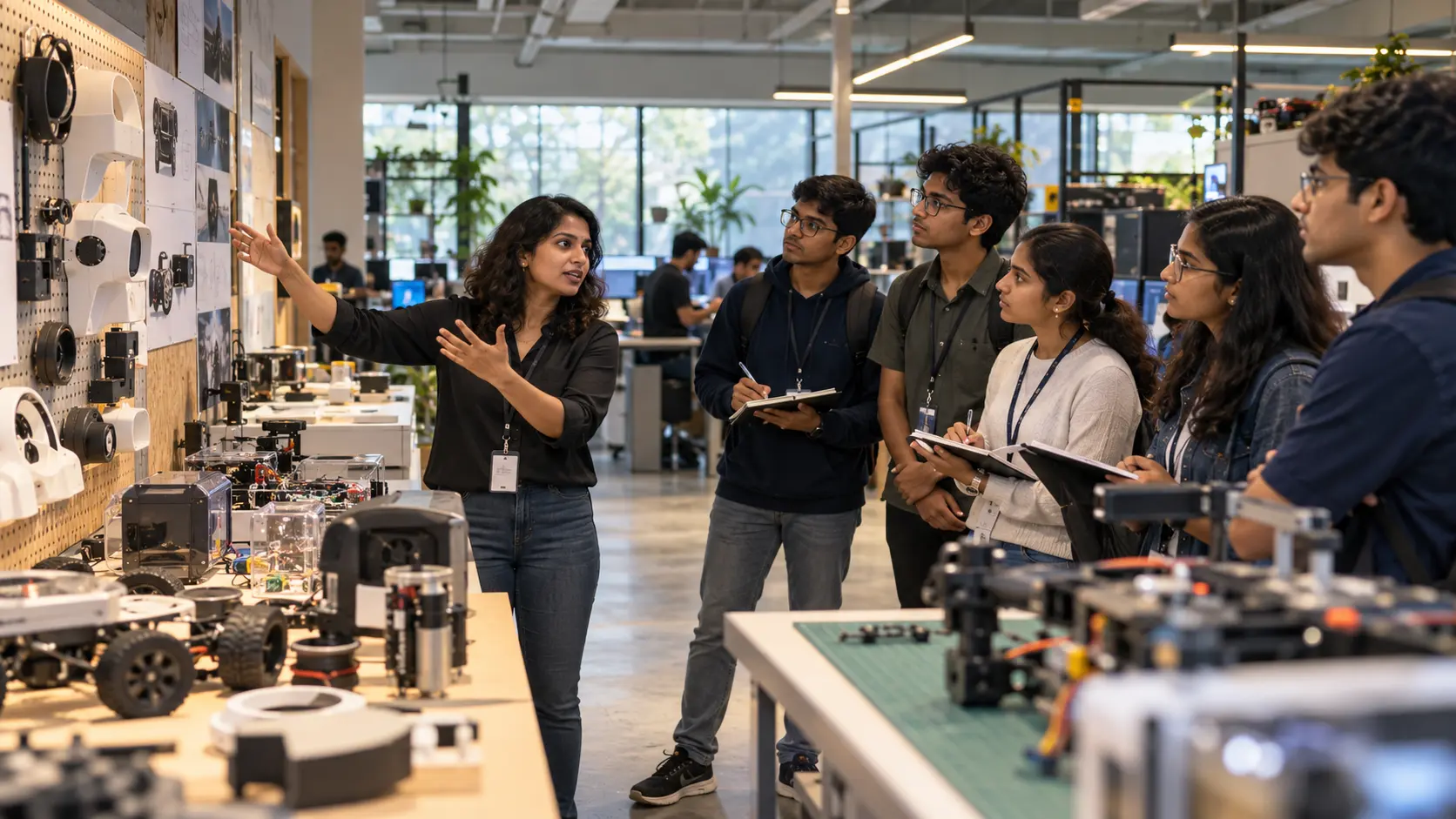 Indian undergraduate students learning from an engineer inside a working technology workshop