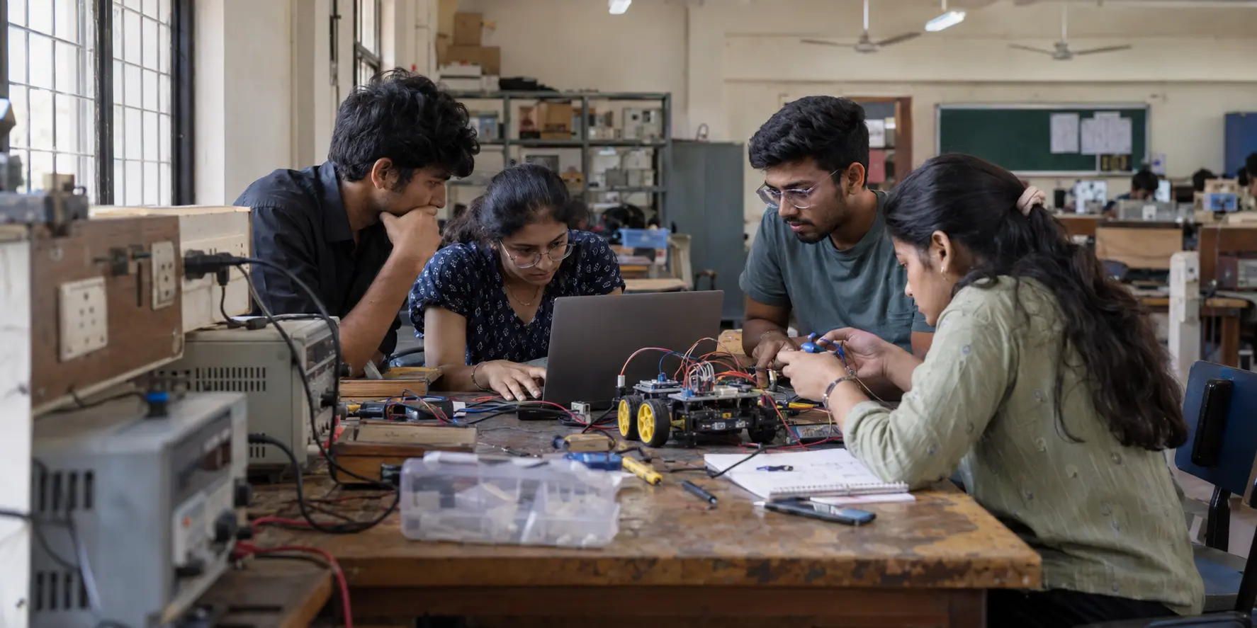 Indian undergraduate students debugging a mobile robotics project in an active college laboratory
